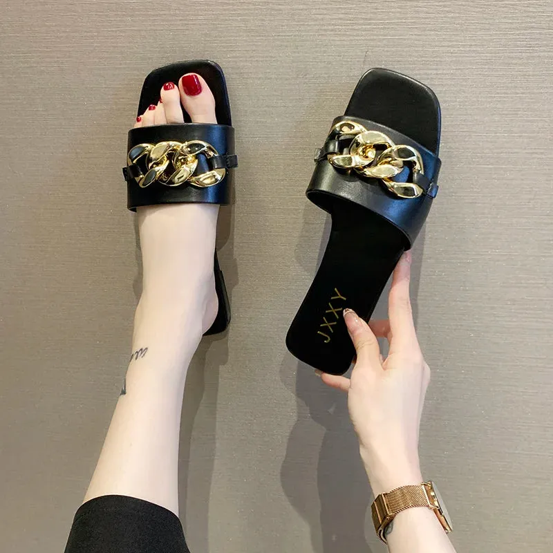 2023 New Fashion Women's Slippers Square Toe Chain Slippers Flat Slide Sandals Beach Flip Flops Metal Decoration Casual Shoes