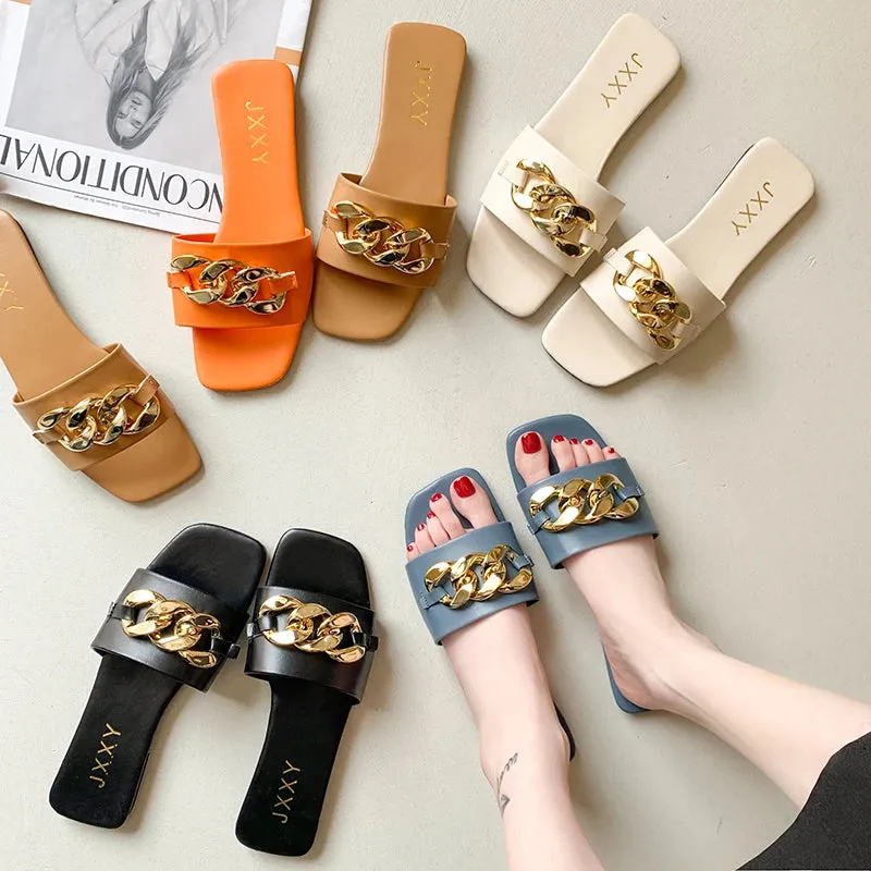 2023 New Fashion Women's Slippers Square Toe Chain Slippers Flat Slide Sandals Beach Flip Flops Metal Decoration Casual Shoes