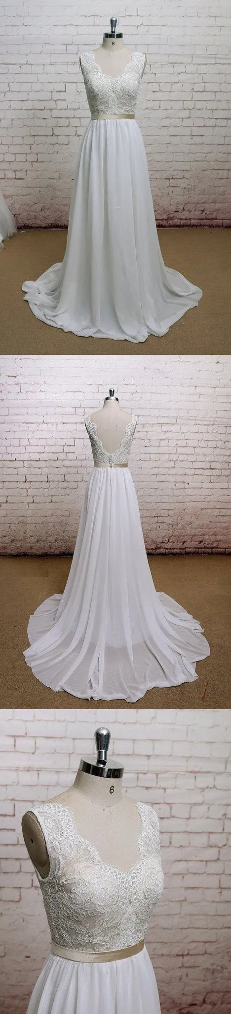 A-line Chiffon With Lace Simple V-Neck Free Custom Handmade Wedding Dresses, WDY0105