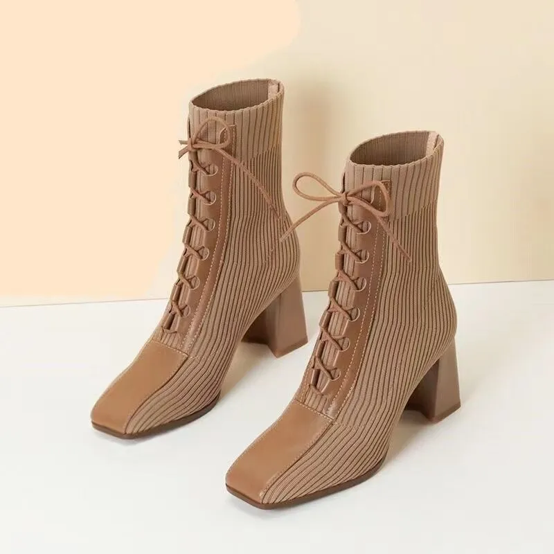 Amozae- Winter Luxury Shoes High Heel Boots Ankle Women   Autumn Chunky Sole Stretch Fabric Female Casual Sock Short Boots   AA5