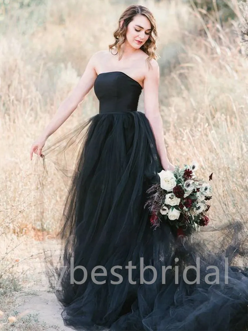 Black Elegant Strapless A-line Lace applique Wedding Dresses, WDY0304