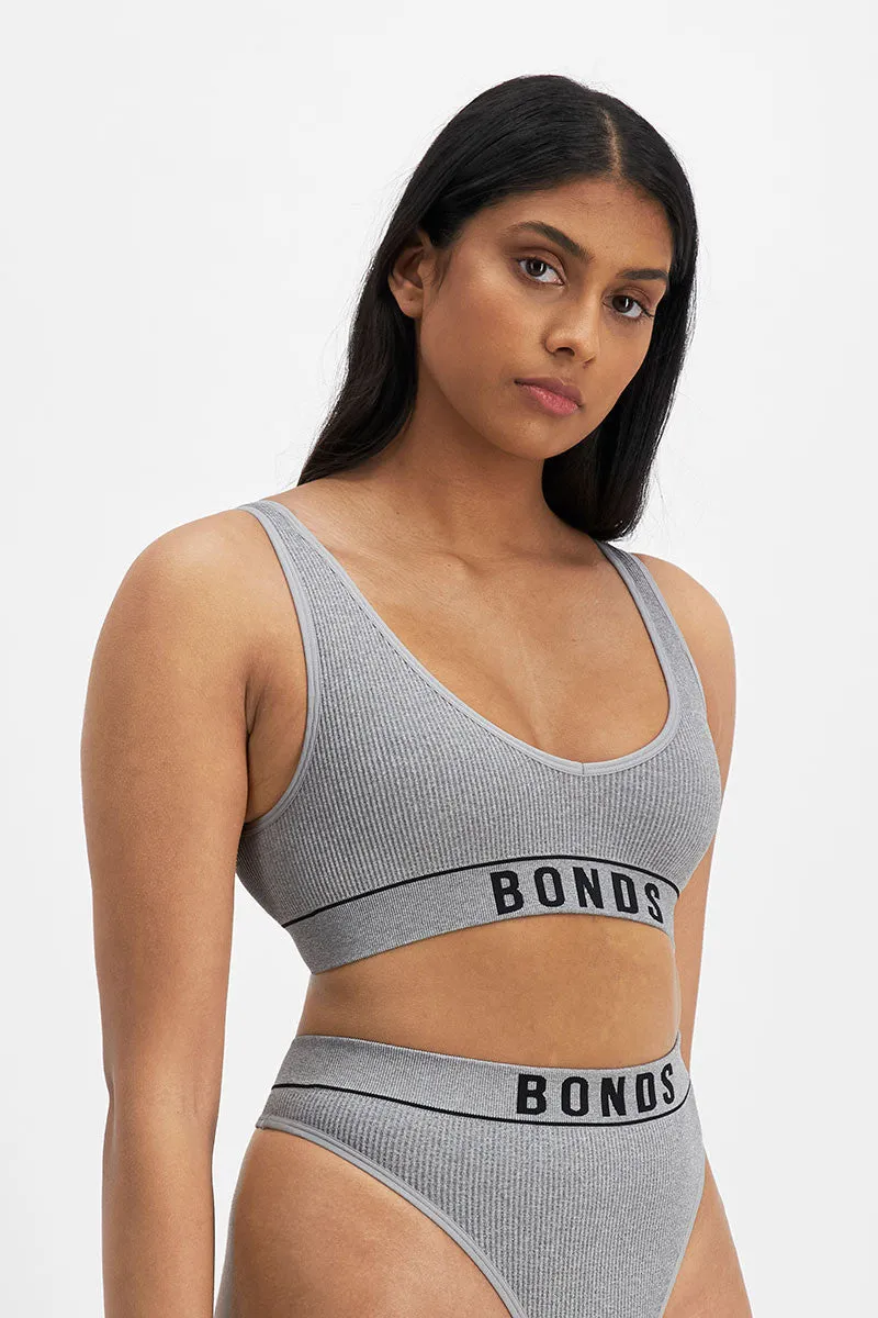 Bonds Originals Retro Rib Deep V Crop Bra Heritage Grey Marle