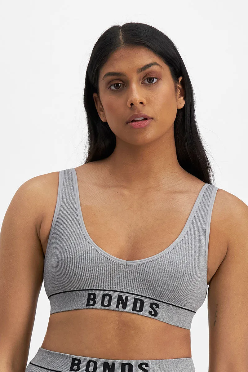 Bonds Originals Retro Rib Deep V Crop Bra Heritage Grey Marle