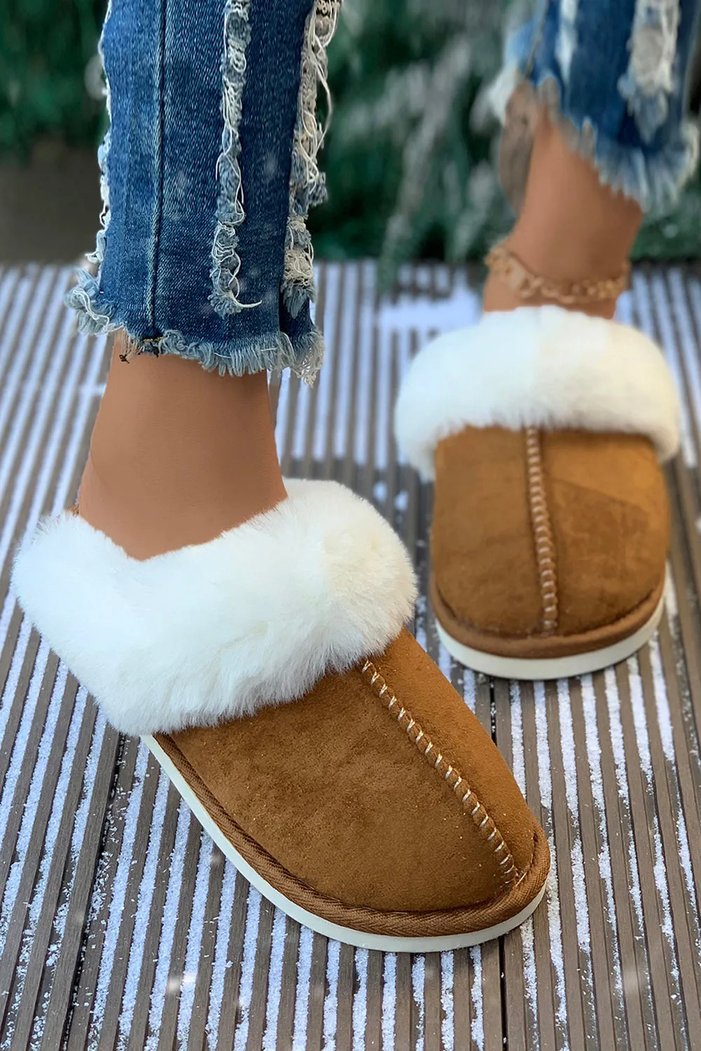 Camel Suede Plush Thick Sole Slides Shoes