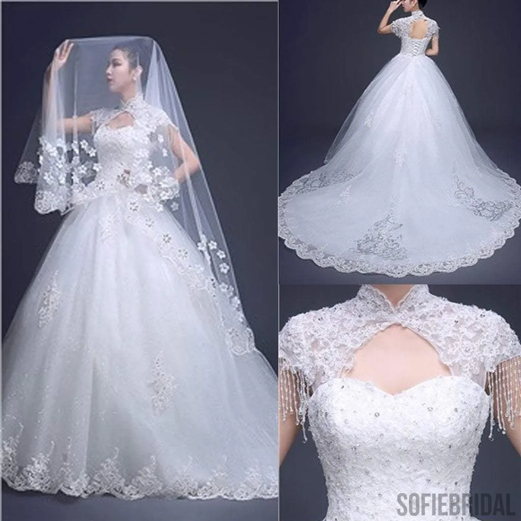 Charming High Neck Cap Sleeve Long A-line Open Back Lace Tulle Wedding Dresses, WD0171