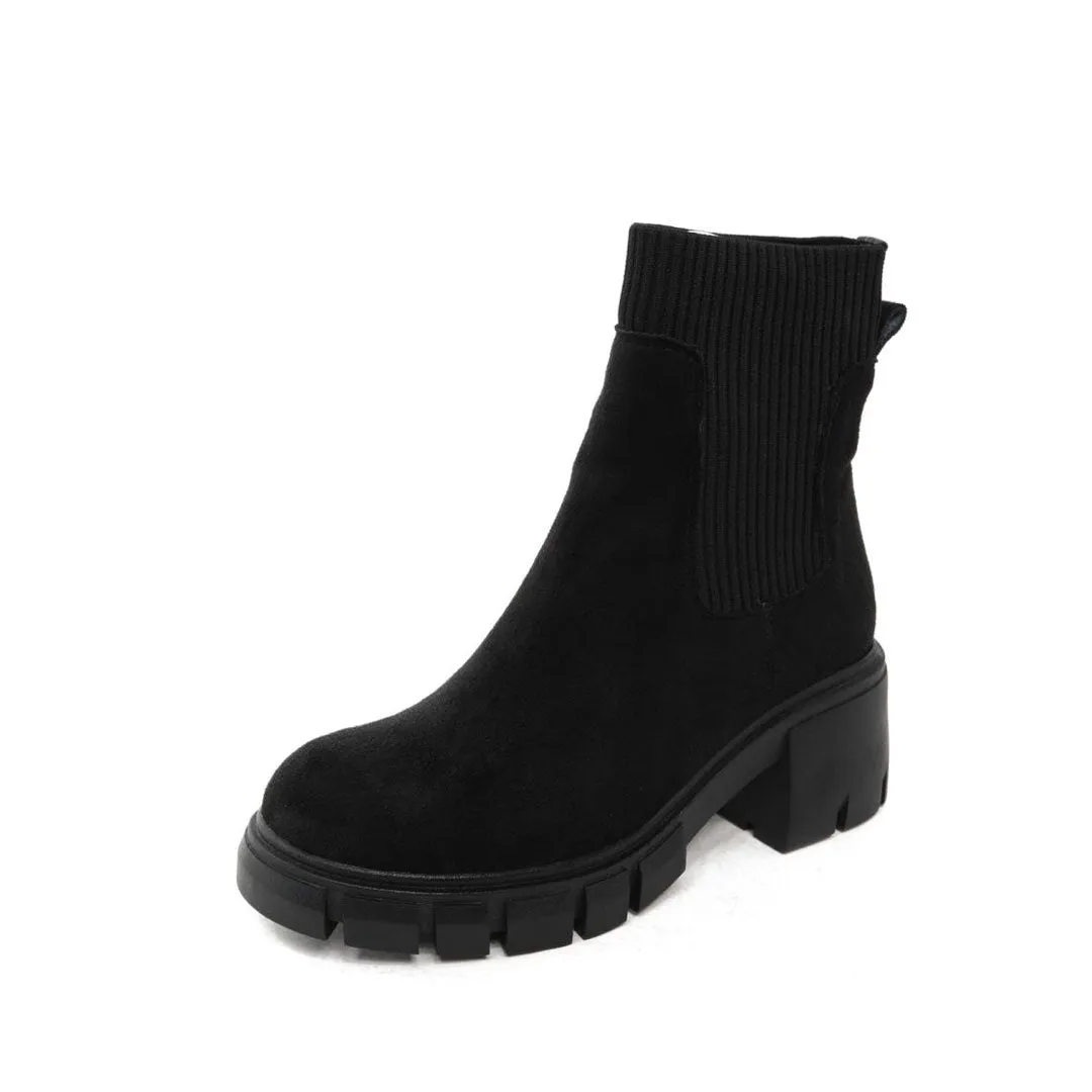 Classic Round Toe Lug Sole Suede Knit Sock Ankle Boots - Black