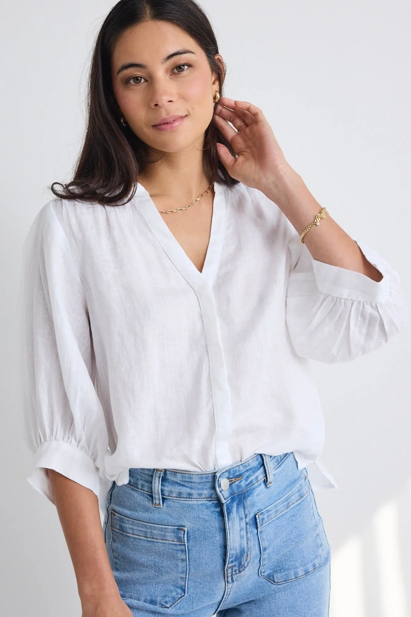 Deity White Linen Puff Sleeve Blouse