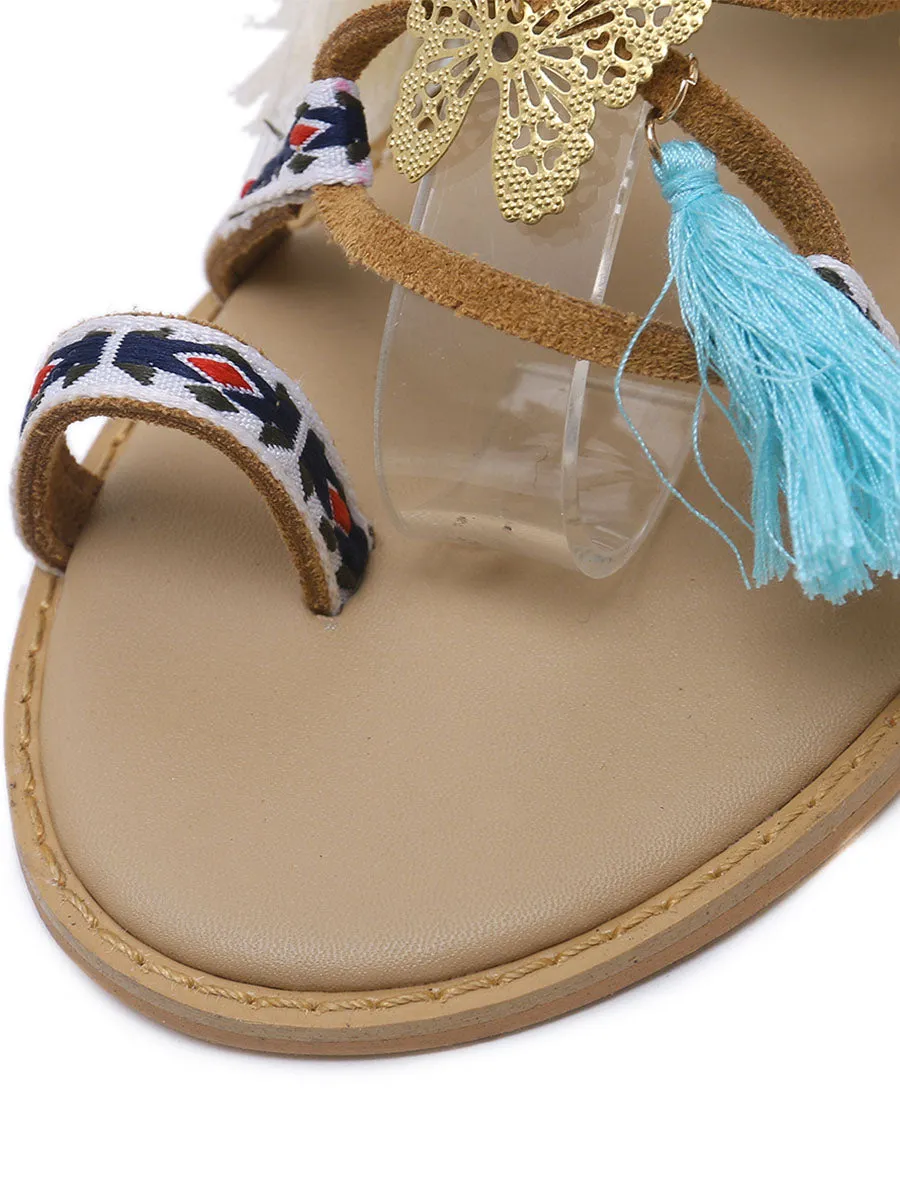 Fringe Calf Strap Beach Flat Boho Sandals