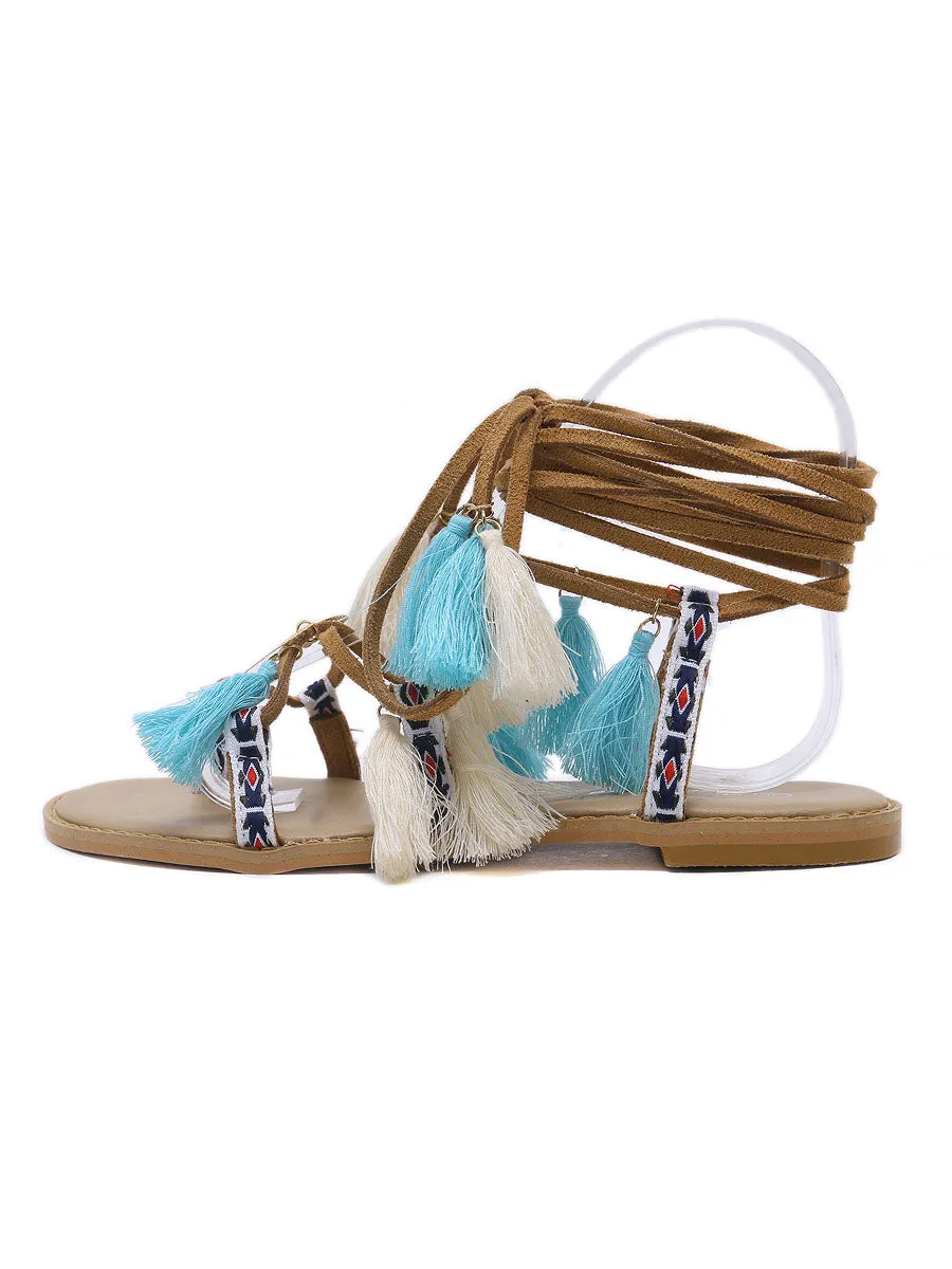 Fringe Calf Strap Beach Flat Boho Sandals