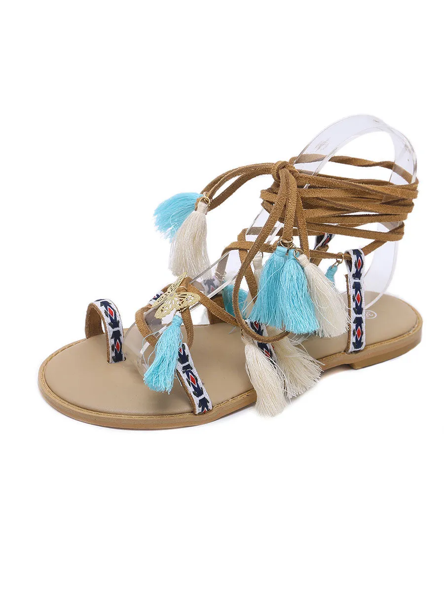 Fringe Calf Strap Beach Flat Boho Sandals