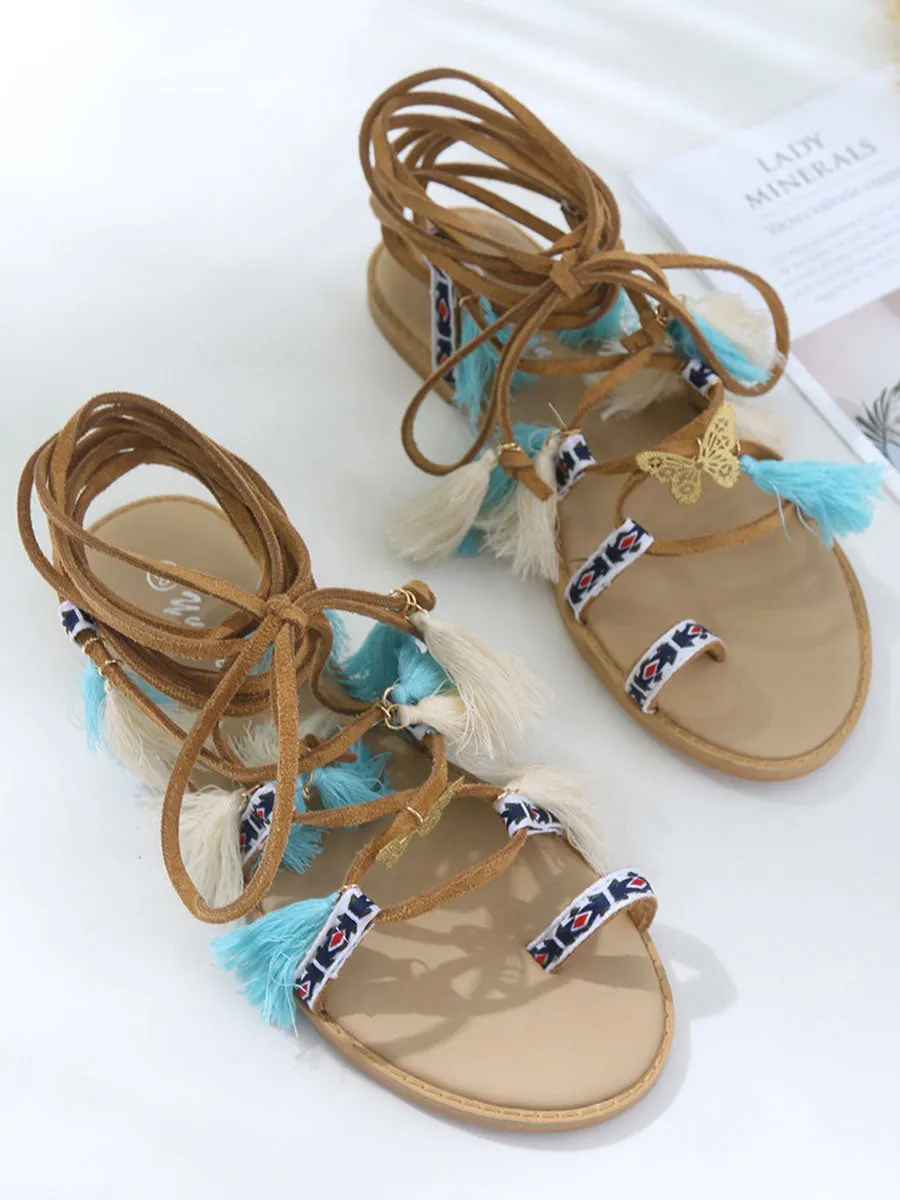 Fringe Calf Strap Beach Flat Boho Sandals