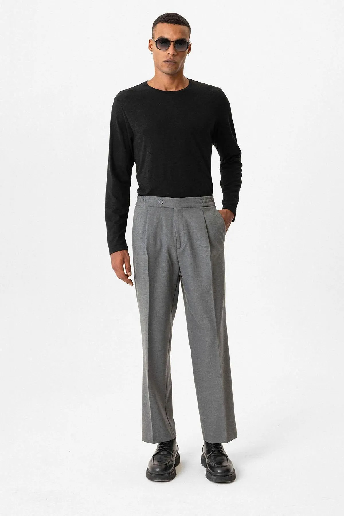 Gray Elastic Waist Baggy Men's Trousers - Wessi