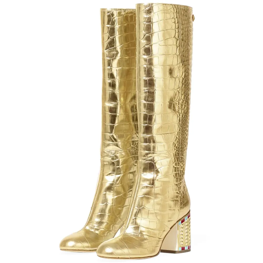 Luxury Croco-Embossed Knee-High Leather Heel Boots