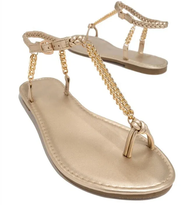 Round Toe Flat Toe Metal Chain Sandals Women's Large Size Beach Sandals