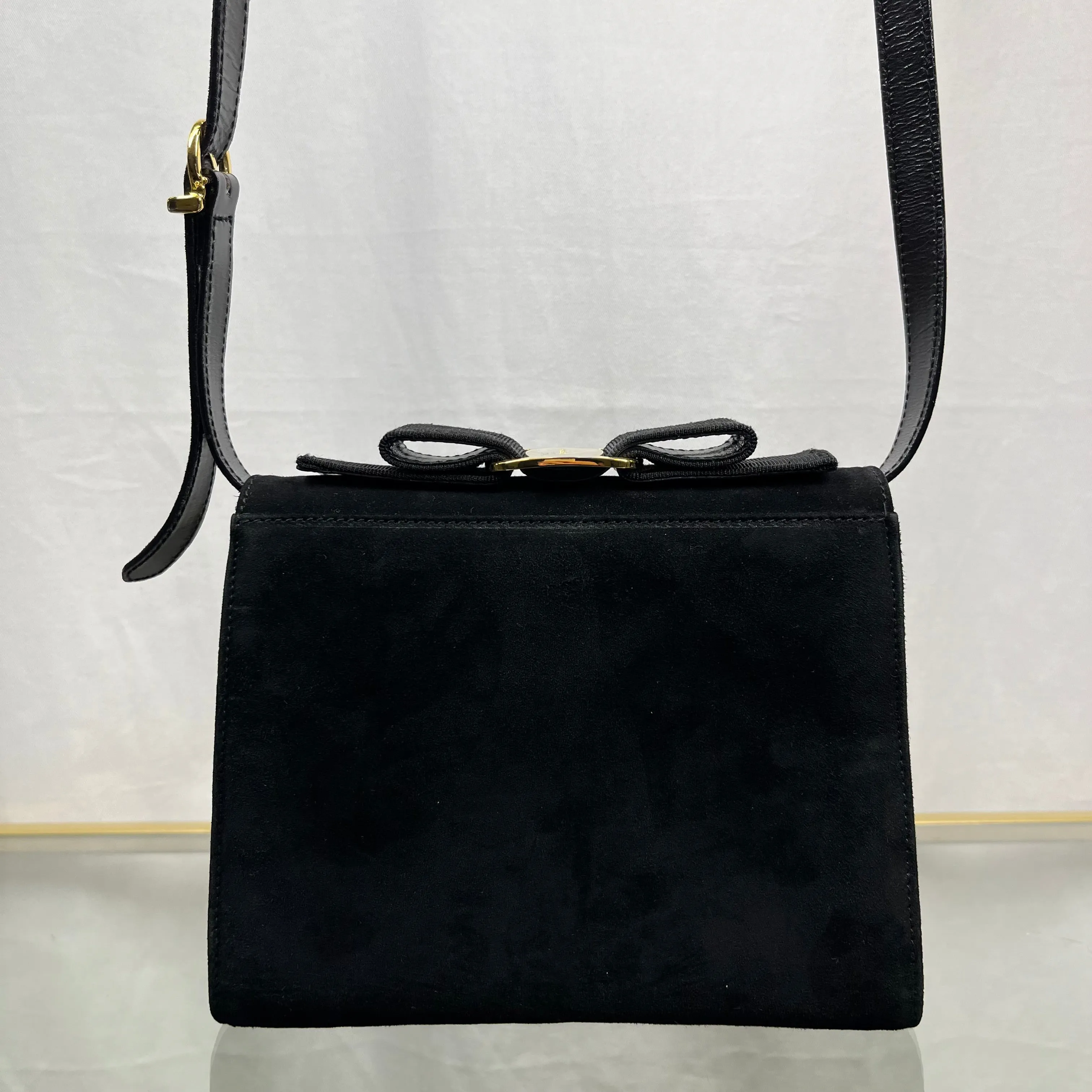 SALVATORE FERRAGAMO Bow Suede Black Crossbody