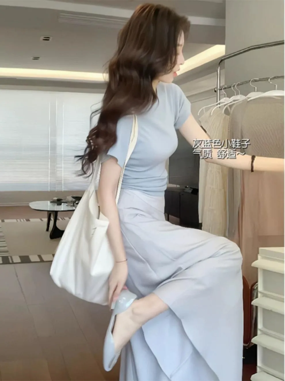 Summer Clothes Two-Piece Suit Simple All-Match T-shirt Korean Drama Women Wear Blue Wide-Leg Pants Light Luxury High Sense Suit Women