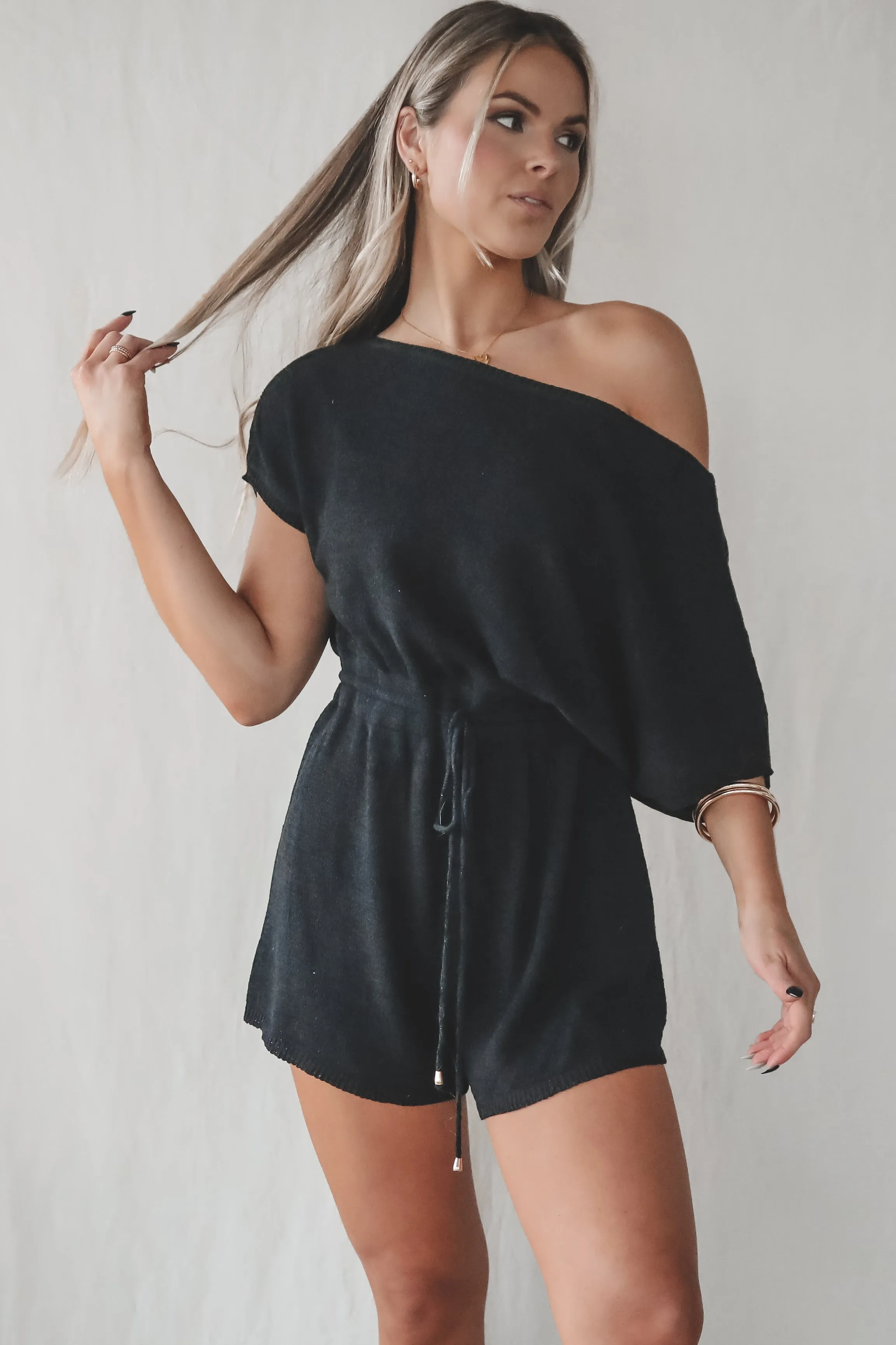 Taking A Day Off Black Knit Short Sleeve Playsuit