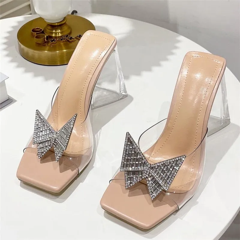 Uniwim 2024 Women Luxury Design 10Cm High Heels Slides Mules Summer Transparent Pink Crystal Block Heels Slippers Party Chunky Shoes